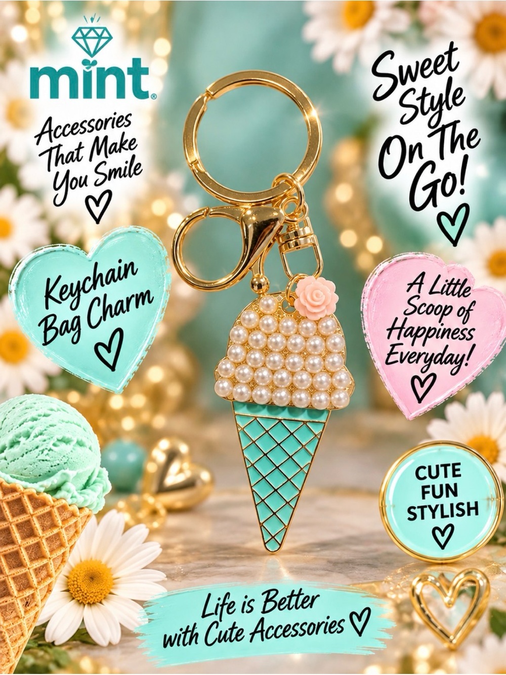 Pearl Embellished Ice Cream Cone Keychain Bag Charm